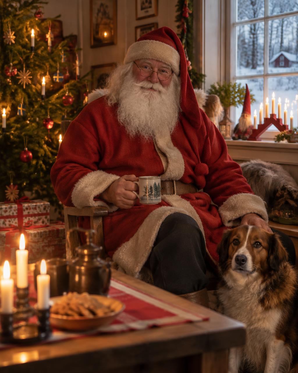 Tomte vid granen i ett varmt vardagsrum
